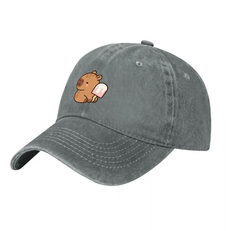 Cute Capybara Holding Ice Cream Embroidered Washed Denim Baseball Cap Canvas Adjustable Hat for Adults