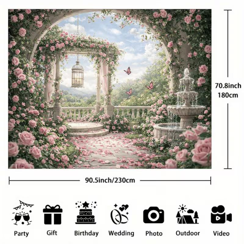 2D Pink Rose Garden Backdrop Romantic Archway Photography Background