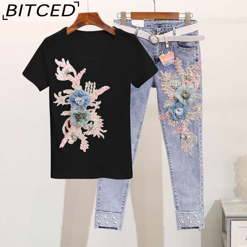 

BITCED Летний комплект из двух предметов: прочная рубашка с короткими рукавами, вышитая бисером + рваные джинсы с заниженной талией для женщин XXXL