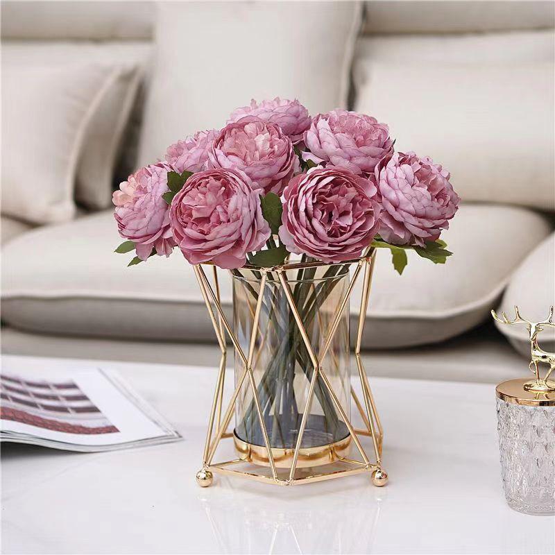 European Luxury Metal Glass Vase for Dry Flowers Nordic Living Room Table Decor