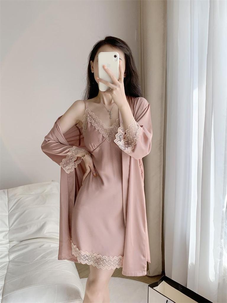 2023 Women's Sexy Summer Two-Piece Pajama Set: Ice Silk Camisole Nightdress & Long Sleeve Robe with Chest Pads