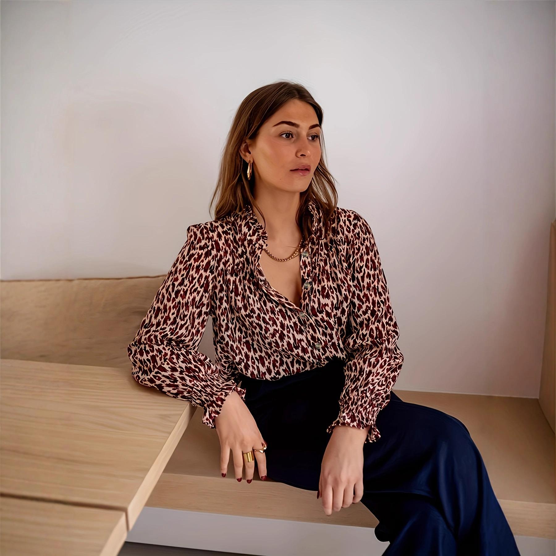 

Женская повседневная блузка с длинным рукавом, воротником-стойкой и леопардовым принтом XXL леопардовый