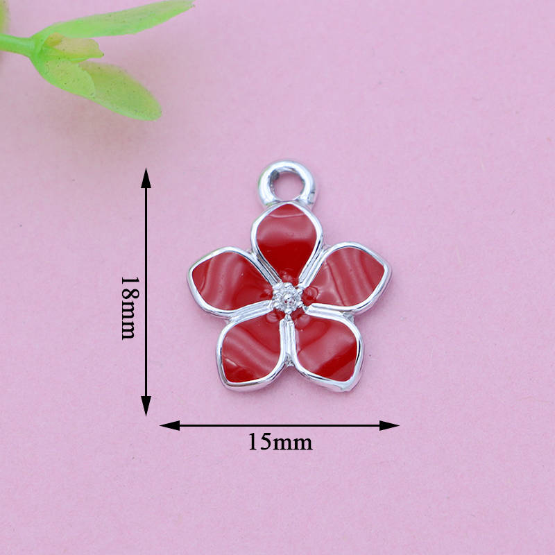 10Pcs Silver Plated Red Enamel Sakura Flower Charm Pendant For Jewelry Making Bracelet Earrings Necklace Diy Accessories Craft