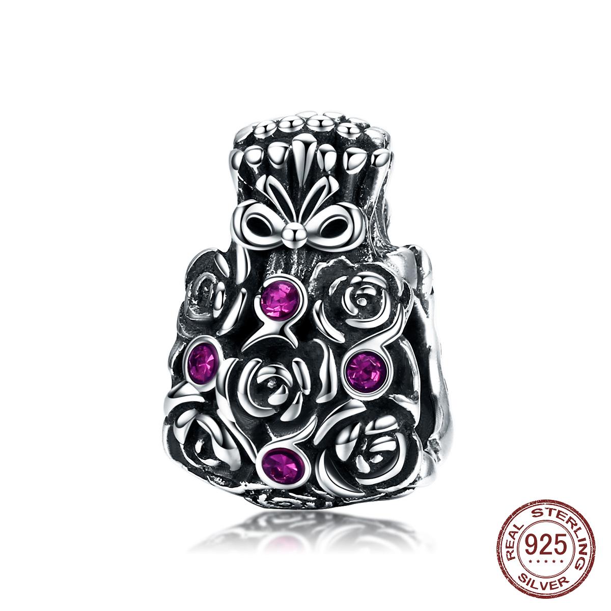 

925 стерлингового серебра винтаж Lucky Bag of Rose Charm Fit Браслеты Браслеты Бутик Ювелирные изделия Подарок для женщин