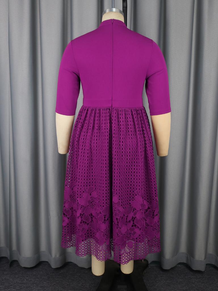 Elegant Women Plus Size Half High Neck 3/4 Sleeves A Line Midi Dresses with Floral Lace Hem for Church Events and Elegant Gatherings