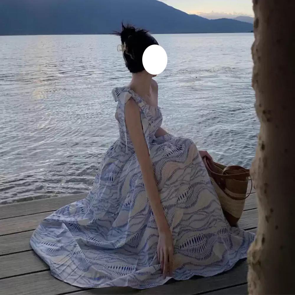 Thailand Travel Photo Slanted Shoulder Dress Niche Temperament Waist Skirt Sanya Vacation Beach Dress