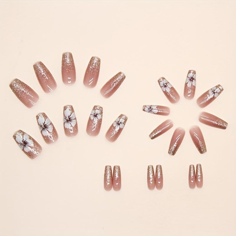 24pcs Long Ballerina Shape Press On Nails, Fake Nail With Flower Decor, Glitter Full Cover Nails For Women