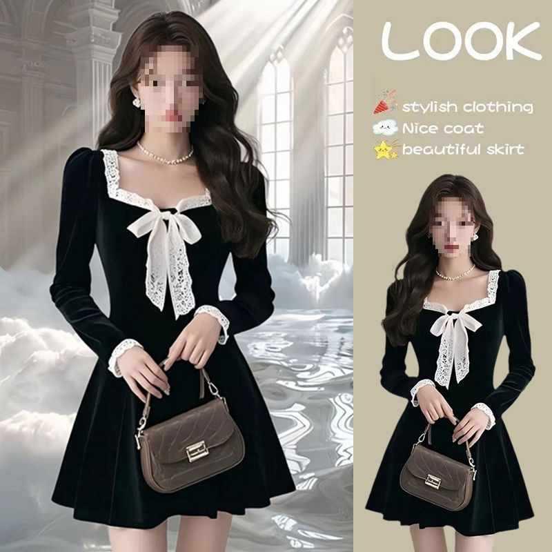 

Women s Black Velvet French Square Neck Bow Dress - A-Line, Long Sleeve, Autumn/Winter Collection. Small чёрный