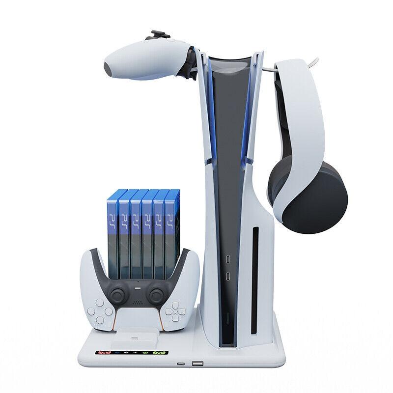 PARA PS5 Slim con estación de carga y soporte de almacenamiento para 8 juegos con ventilador de refrigeración y estación de carga para controlador PS5