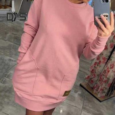 Çift Cepli Kadın Sweatshirt Elbise Yuvarlak Yaka Uzun Kollu Düz Renk Bol Mini Elbise Üstten Giyilen Günlük Giyim Rahat Kısa Elbise