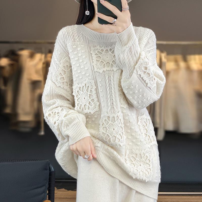Women's Pure Wool Hollow Out Sweater - Lazy Style Knitwear for Autumn & Winter