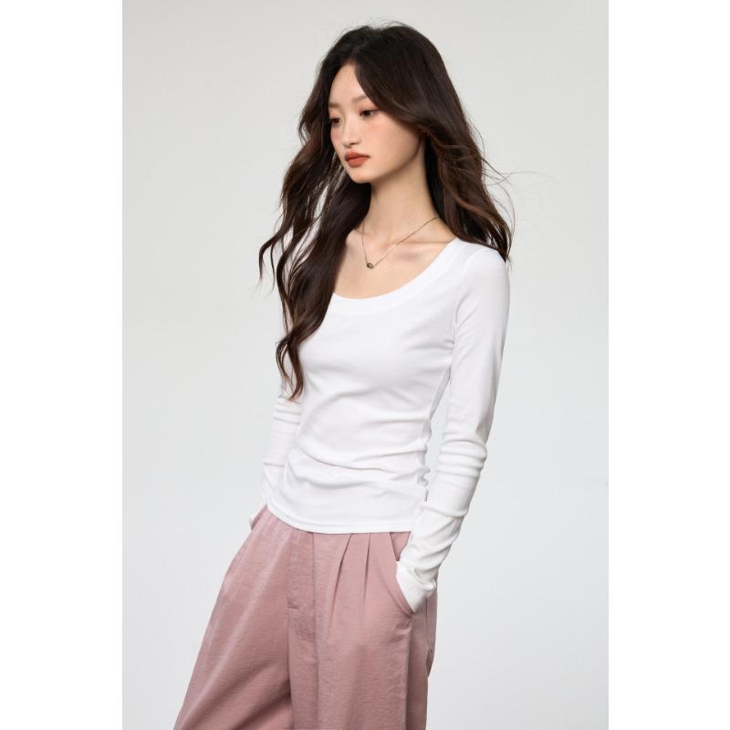 Women S U Neck Long Sleeve Fitted Cotton T Shirt Casual Basic Top