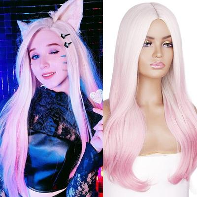 Synthetic Long Wavy Wigs For Women Pink Female Ahri KDA Cosplay Medium Natural Hair High Temperature Fiber Lolita Wig