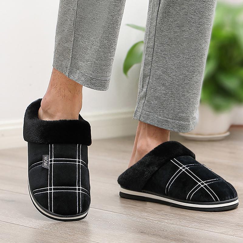 Large Size 50-51 Plaid House Slippers for Man Foam Winter Plush Indoor Male Shoes Warm Home Slippers Non Slip Black