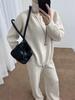 Autumn and winter new European and American women's clothing solid color zipper cardigan knitted wide-leg pants two-piece set for women
