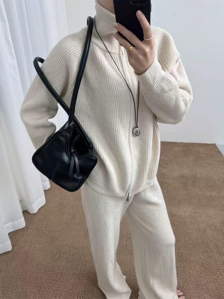 Autumn and winter new European and American women's clothing solid color zipper cardigan knitted wide-leg pants two-piece set for women