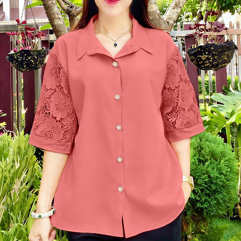 ZANZEA Women Casual Turn Down Collar Lace Splice Half Sleeve Blouse