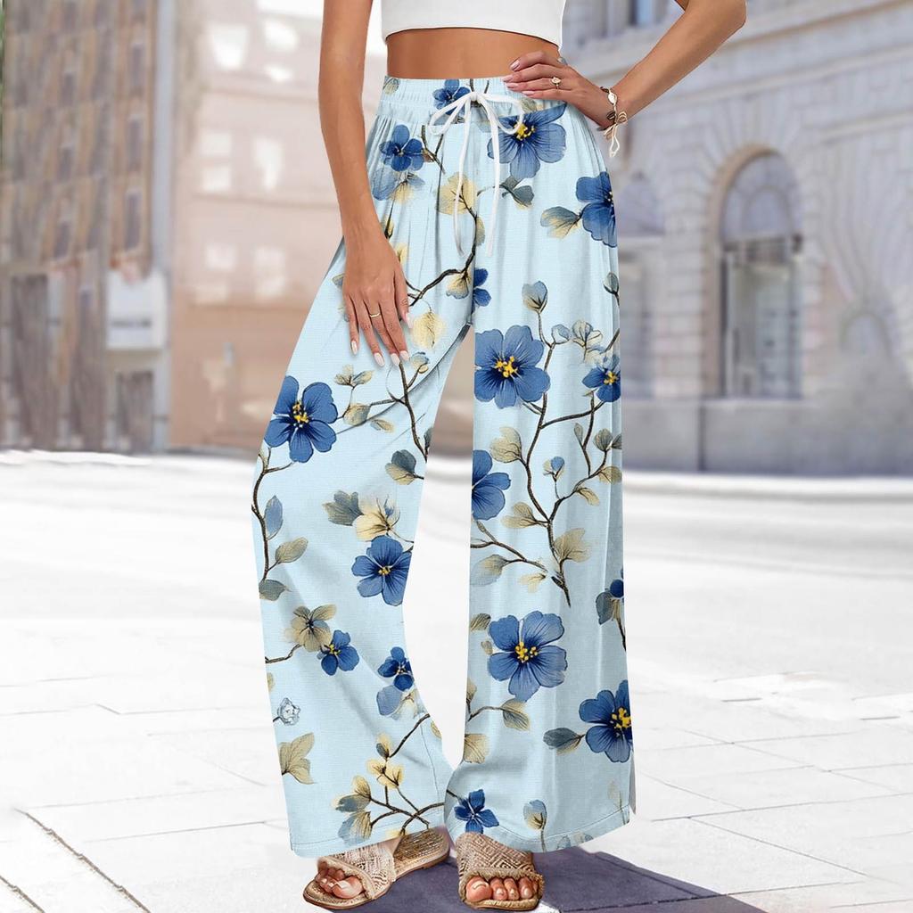Pantaloni de damă imprimați cu picior larg și buzunare, cu talie înaltă, cu șnur, largi, casual