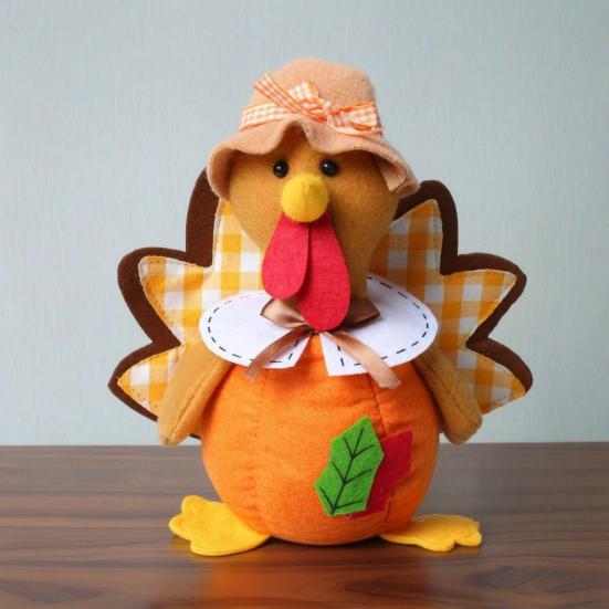Seasonal Indoor Ornament Thanksgiving Plush Turkey Doll, Stuffed Animal Figurine, Autumn Soft Plushie Harvest Tabletop Decoration for Home Desktop
