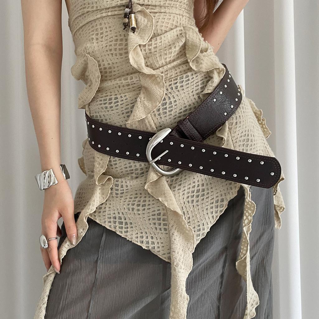 Retro Punk Pu Leather Wide Belt With Studded Decor For Womens Vintage Skirts And Jeans