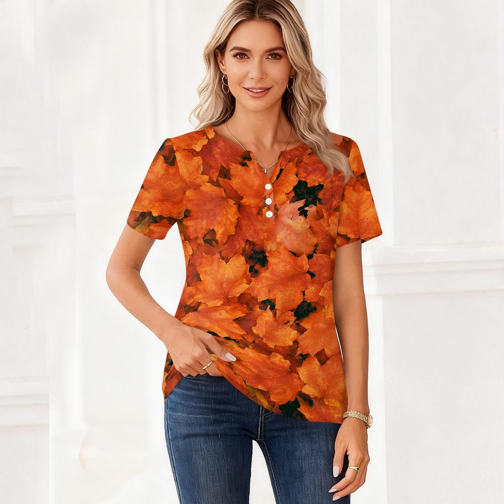 Women's Casual V-Neck Short Sleeve T-Shirt with Fall Leaf Print and Decorative Buttons