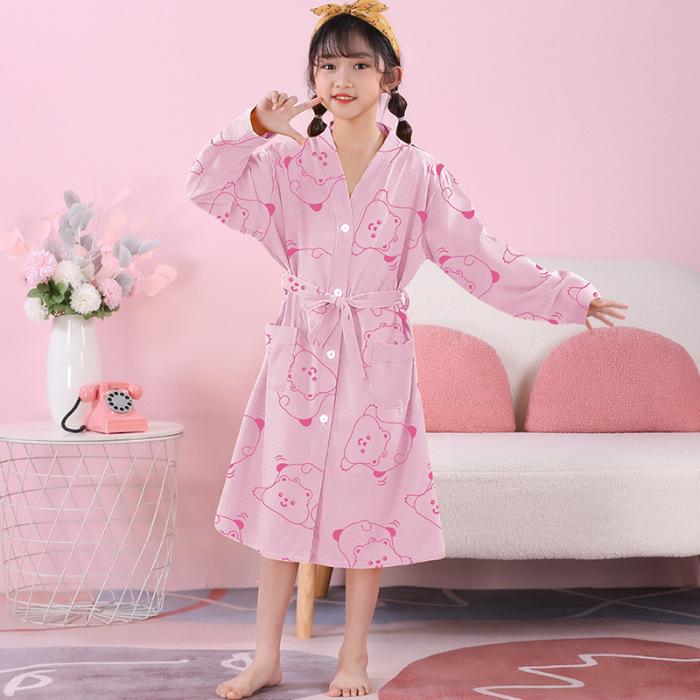 Girls  Combed Cotton Long-Sleeve Pajama Robe - Spring/Summer Bathrobe for Kids, Cute Sleepwear for Middle and Big Girls Size 20