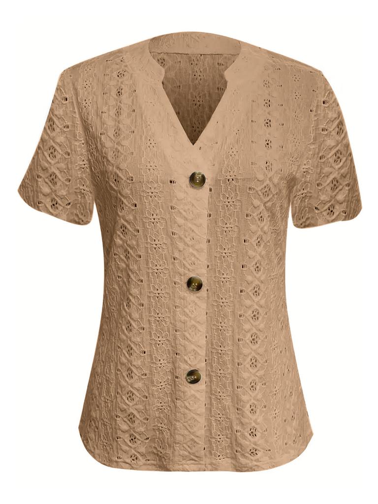Summer New Women's Fashion Casual Solid Color Button V-Neck Short Sleeve T-Shirt