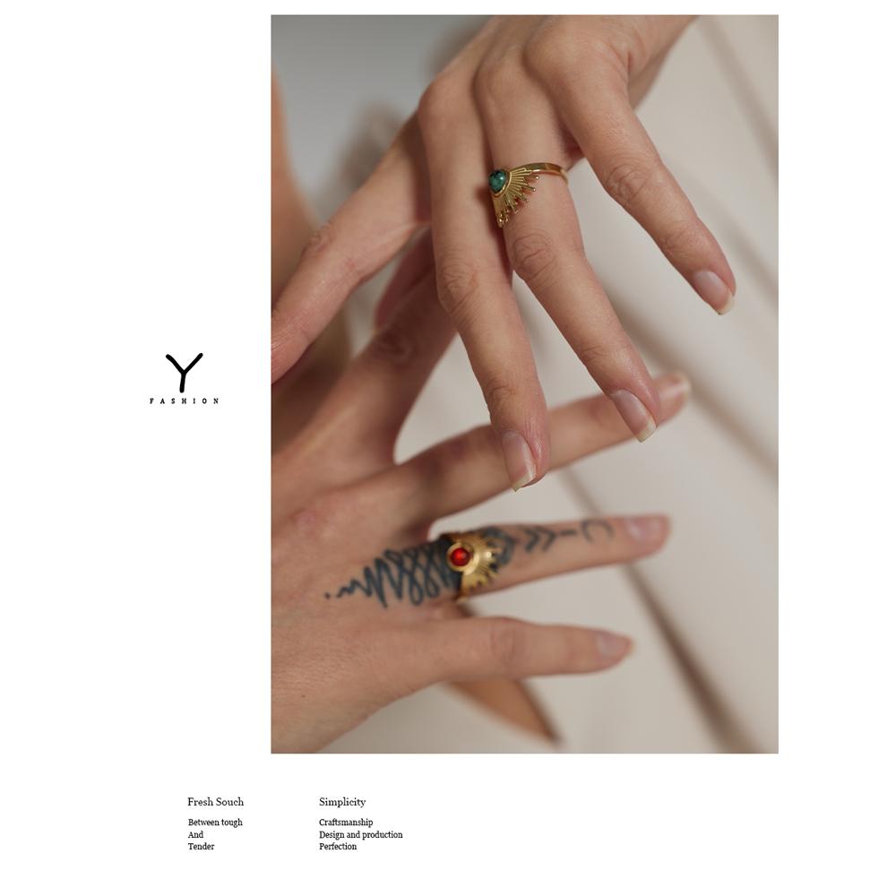 Yhpup Stainless Steel Red Natural Stone Ring Trendy Metal 18 K Opening Finger French Ring for Women Anillos Mujer Party Gift