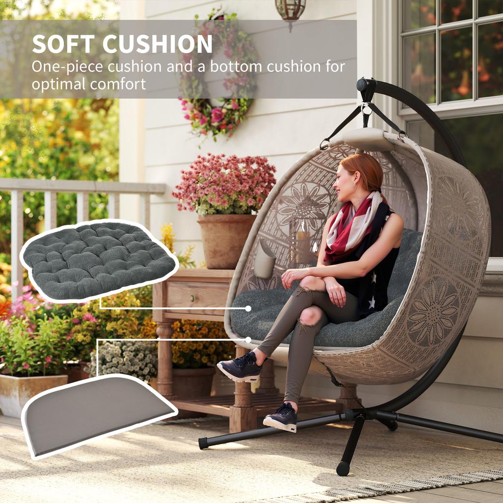 Hanging Chair with Stand, Egg-Shaped Hanging Swing with Removable Washable Cushion, Hammock for 2 People, Swing Chair Indoor Outdoor, Sand+Black