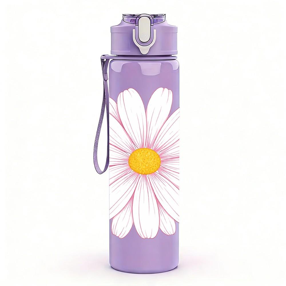 1PC White Daisy Simple Flower Print 750ml Color Plastic Sports Water Bottle Leakproof Flip Straw Lid Suitable for Sports Office Home Use