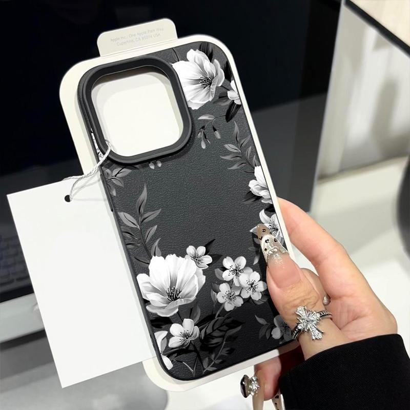 White Flowers Pattern  Luxury Leather Texture Silicone Case For IPhone 17 16 Pro Max 11 12 13 14 15 Pro Soft Phone Cover Fundas