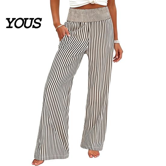 Breathable Summer Pants Women Striped Wide Leg Pants, Elastic Waist Casual Trousers Trousers, Loose Fit Palazzo with Pockets Lightweight