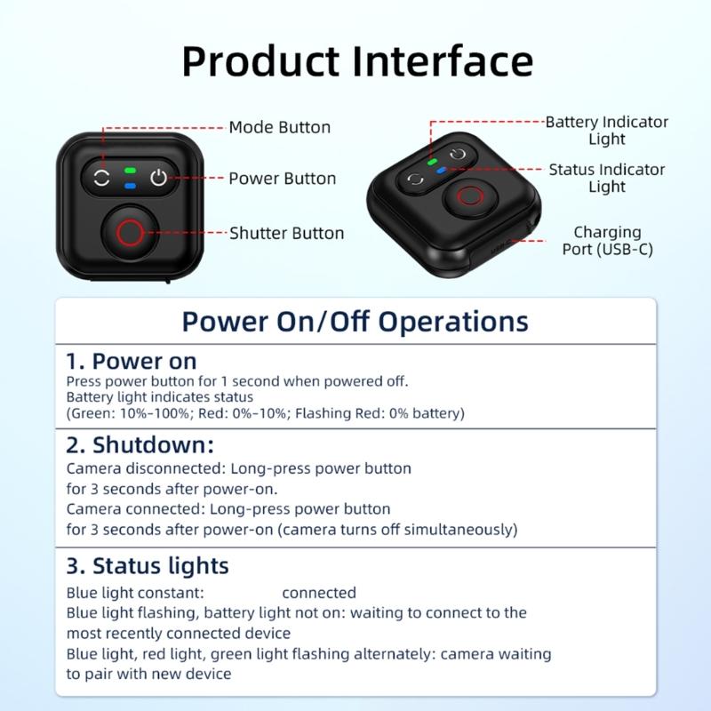 Portable Bluetooth-compatible Remote Controls for Action Cameras Comfortable Grip Easy Operation During Sports and Travel