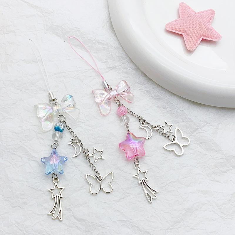 2 Stück Sommer kühl blau und rosa Quaste, Schmetterling, Stern und Mond, Laser-Schleife, Guben-Anhänger, Handy-Kette