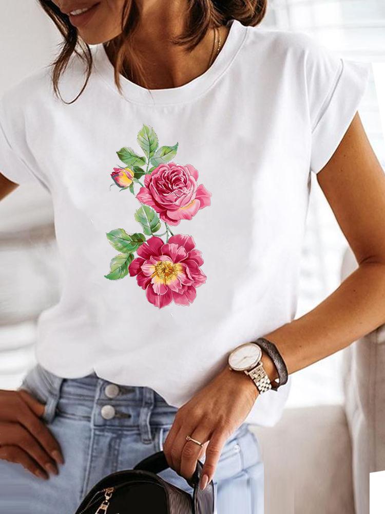 Women's Short-sleeved T-shirt, Fashionable Flower Print Bottoming Shirt