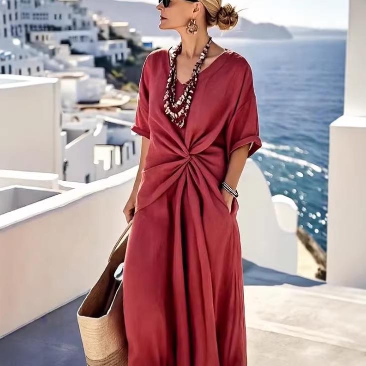 2026 European-American Summer Bohemian-Style Elegant Pleated V-Neck Dress