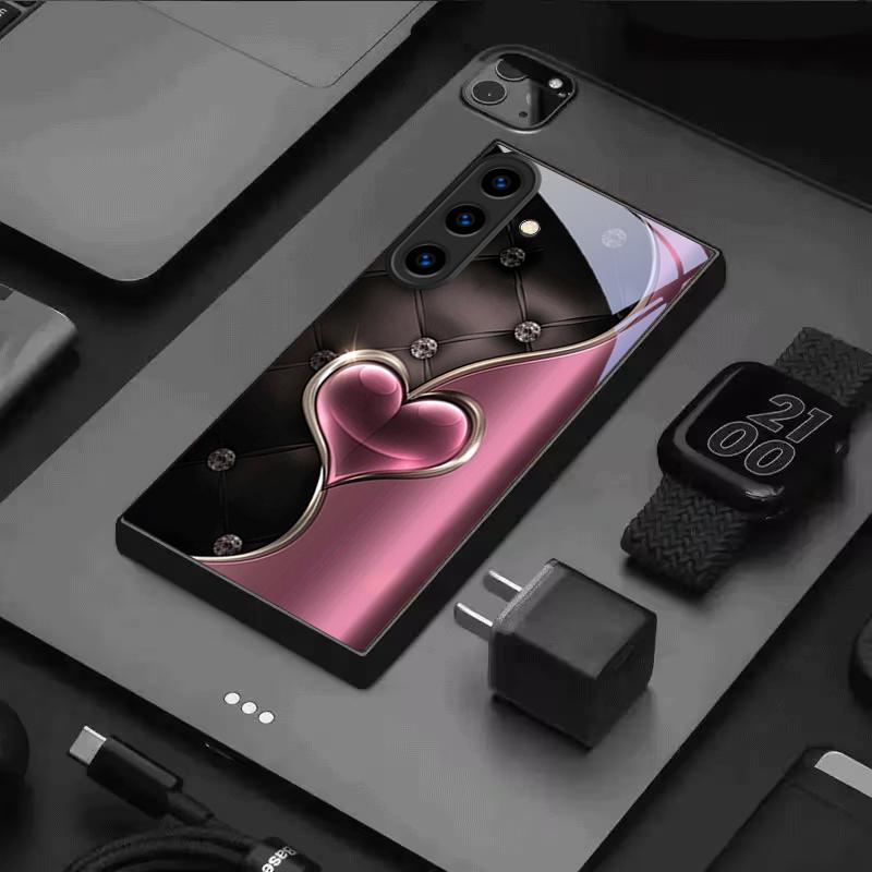 Midnight Pink Affection Black Glass Phone Case For For Samsung Galaxy S26 S25 S26Ultra S25 Edge S24 FE S23 S22 S21 S20Plus Cover