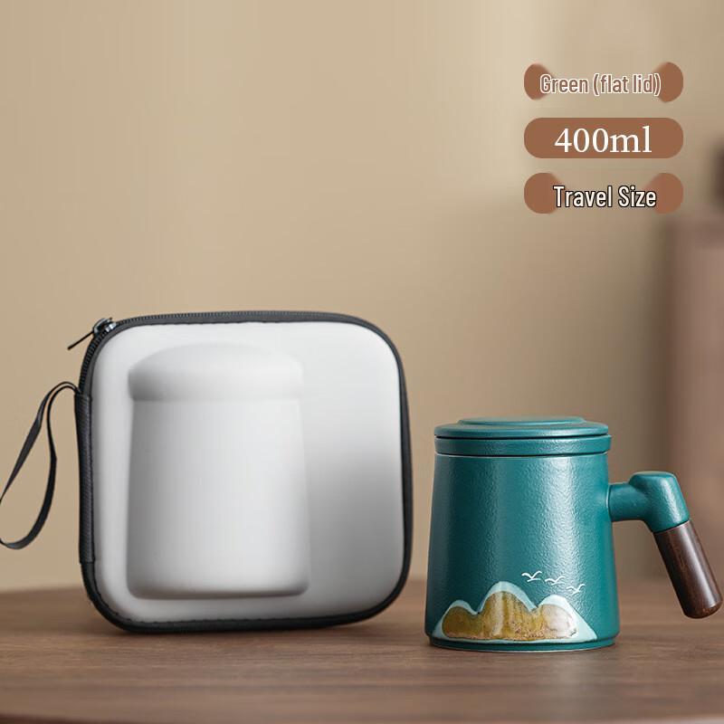 Coarse Pottery Green Mountain & Flying Bird Mug with Flat Lid Green Mountain & Flying Bird Mug (Flat Lid)