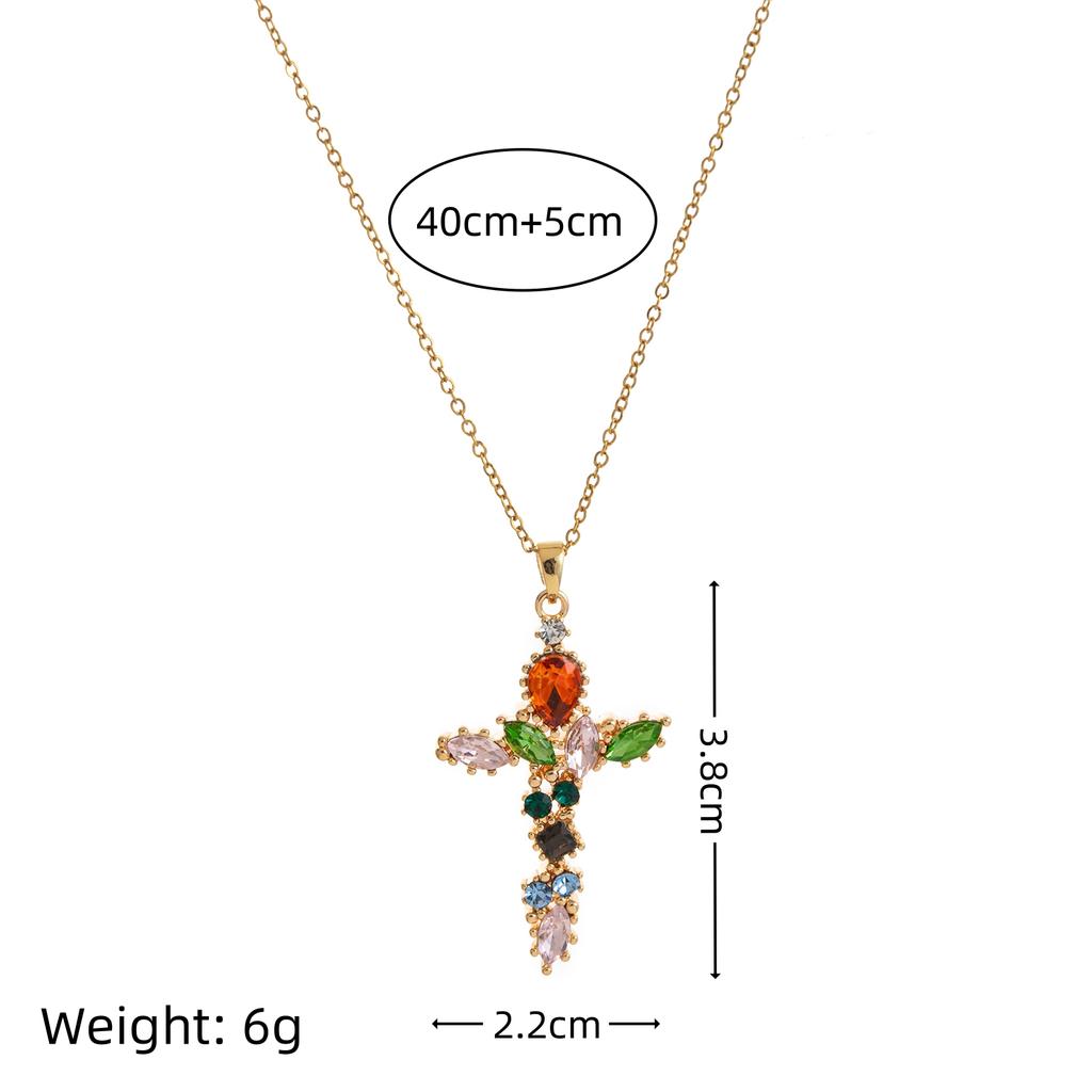 Fashionable and colorful zircon cross necklace with copper material gold-plated and color preserving