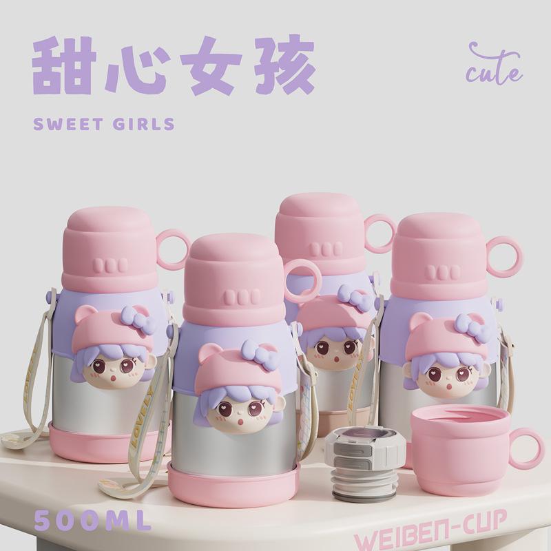 Water bottle Children's stainless steel thermos cup Strap Water cup Straw cup Student school kettle