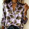 Women Satin Long Sleeve Shirt Ginkgo Leaf Print Blouse Lapel Single Breasted Elegant Loose Office Tops