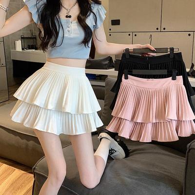 2025 Summer Double-Layer Pleated A-Line Mini Tutu Skirt - High Waist, Small Size 