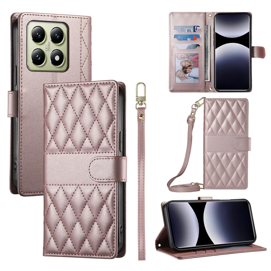 For Xiaomi 14T Case Rhombus Stitching Wallet Stand Leather Phone Cover with Long/Short Strap