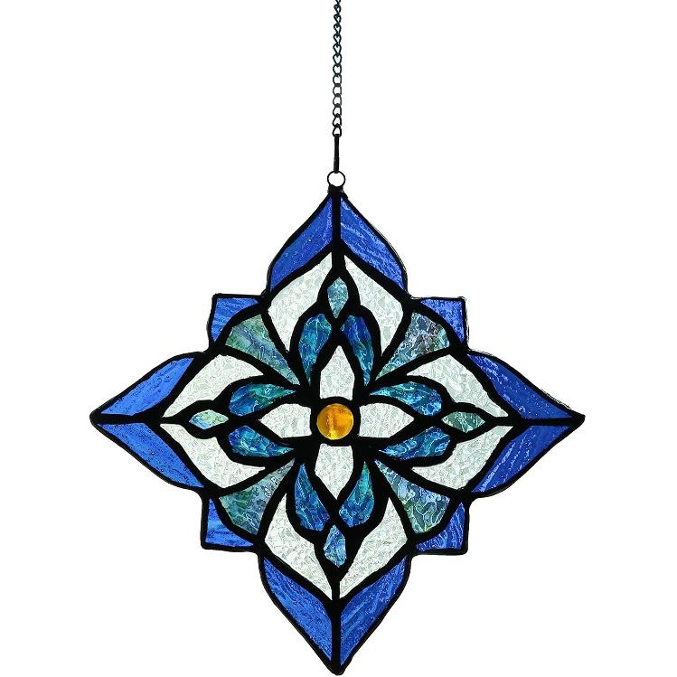 Stained Glass Window Hangings, Tiffany Style Window Panel Suncatchers Blue Art Flower