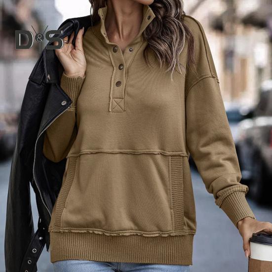 Podzim Jaro Dámská mikina Polorozepínací stojáček Jednobarevný Volný svetr s velkou kapsou Elastické manžety OL Denní top na dojíždění