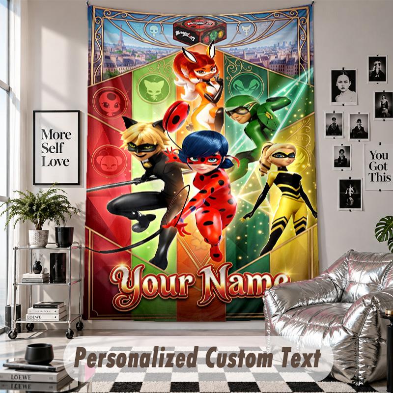 Wandtapijt met Gepersonaliseerde Naam & Tekst, Miraculous Ladybug Decoratief Tapijt Voor Slaapkamer