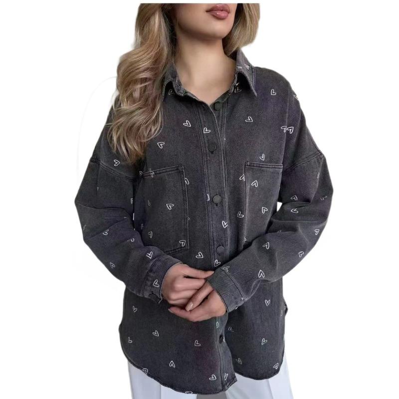 Denim-Hemd Damen Große Größe Locker Literarisch Retro Liebesdruck Langarm-Hemdjacke