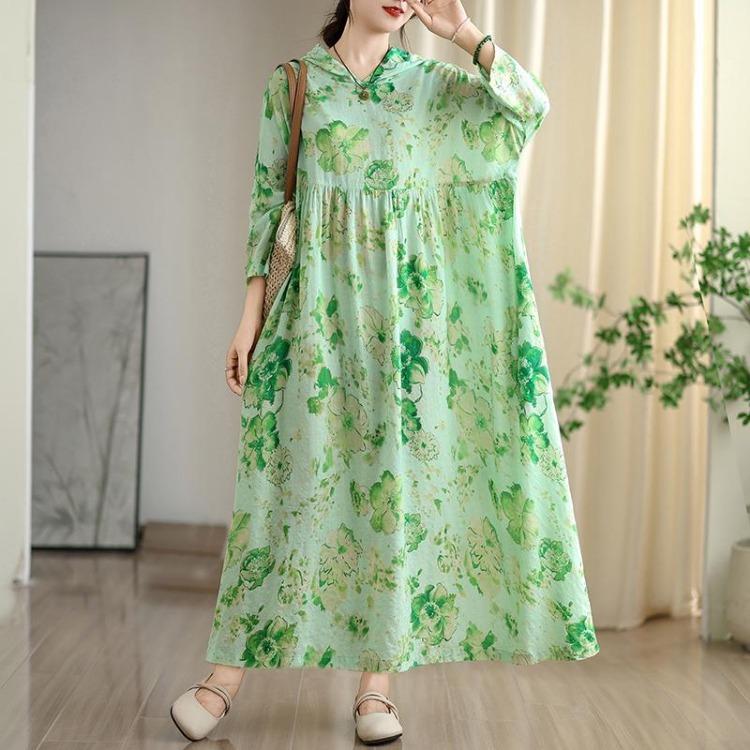 Women Plus Size Floral Print Maxi Dress Casual Loose Long Sleeve O Neck Oversize Long Hat Dress 8109