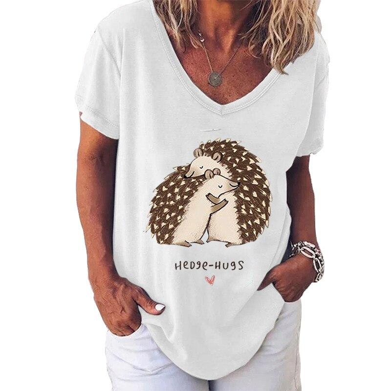 Fashion Spring  Hedgehog Print Blouses Short Sleeved V-Neck T Shirts Casual