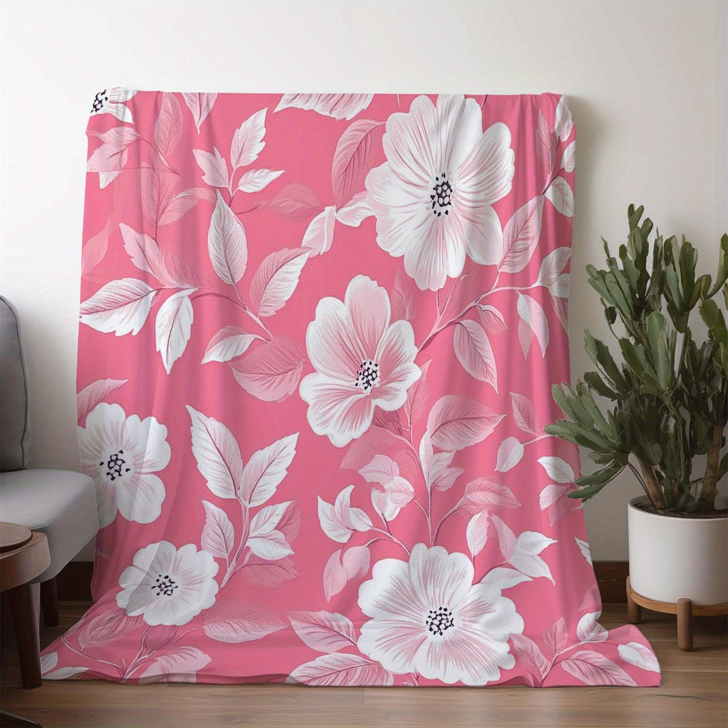 

1pc Sdoo Flannel Blanket - Soft Warm Floral Throw with Elegant Floral pattern in Pink & White, All-Season Luxury Bedspread/Car/C 130x150cm